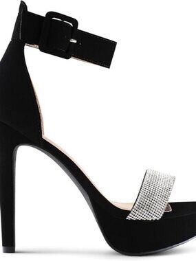 Black Ankle Strap High Heel Sandals With Rhinestone Toe Band Size 7.5.